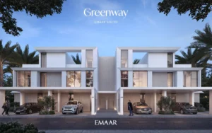 Greenway at Emaar South by Emaar contemporary townhouse exterior architecture with private parking and landscaped surroundings, Dubai - Presented by Tohid Fetrat