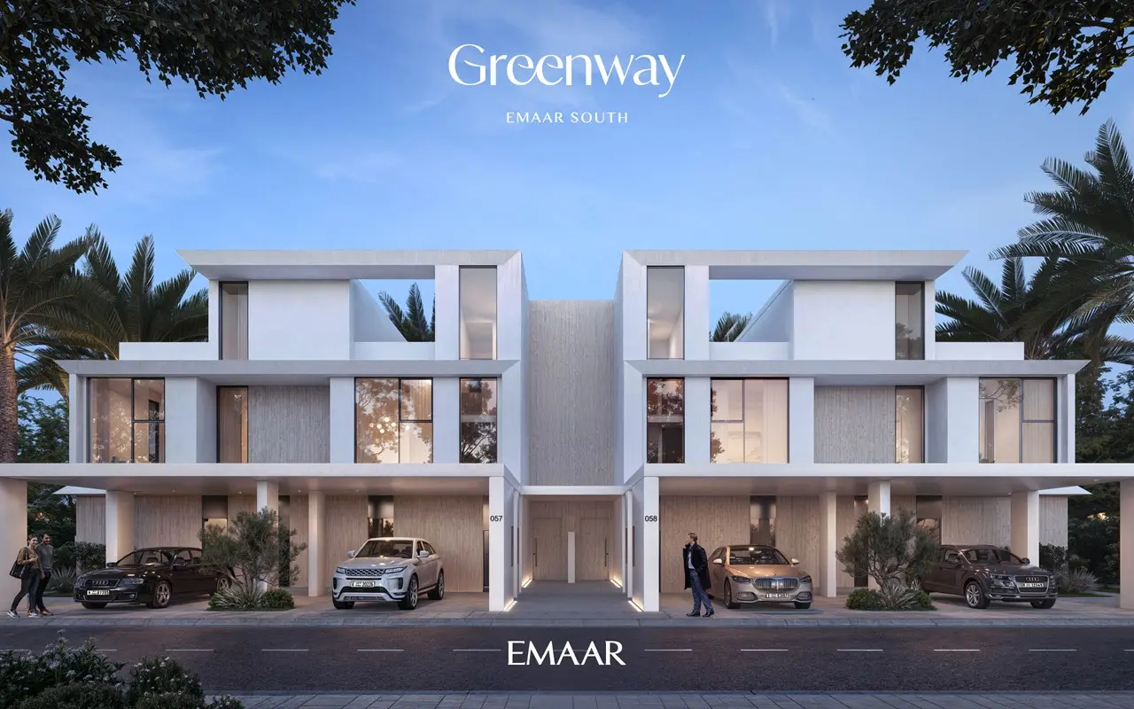 Greenway at Emaar South by Emaar contemporary townhouse exterior architecture with private parking and landscaped surroundings, Dubai - Presented by Tohid Fetrat