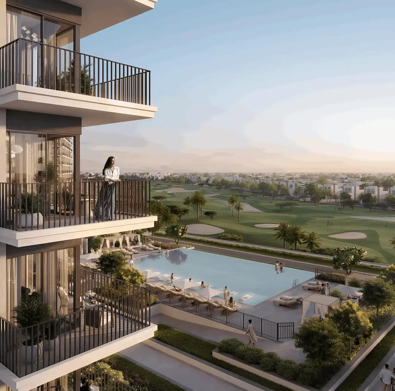 Grove Ridge at Emaar South by Emaar Properties balcony view overlooking pool and golf course in Dubai Presented by Tohid Fetrat