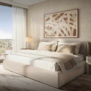 Grove Ridge at Emaar South by Emaar Properties bedroom interior with balcony golf view in Dubai Presented by Tohid Fetrat