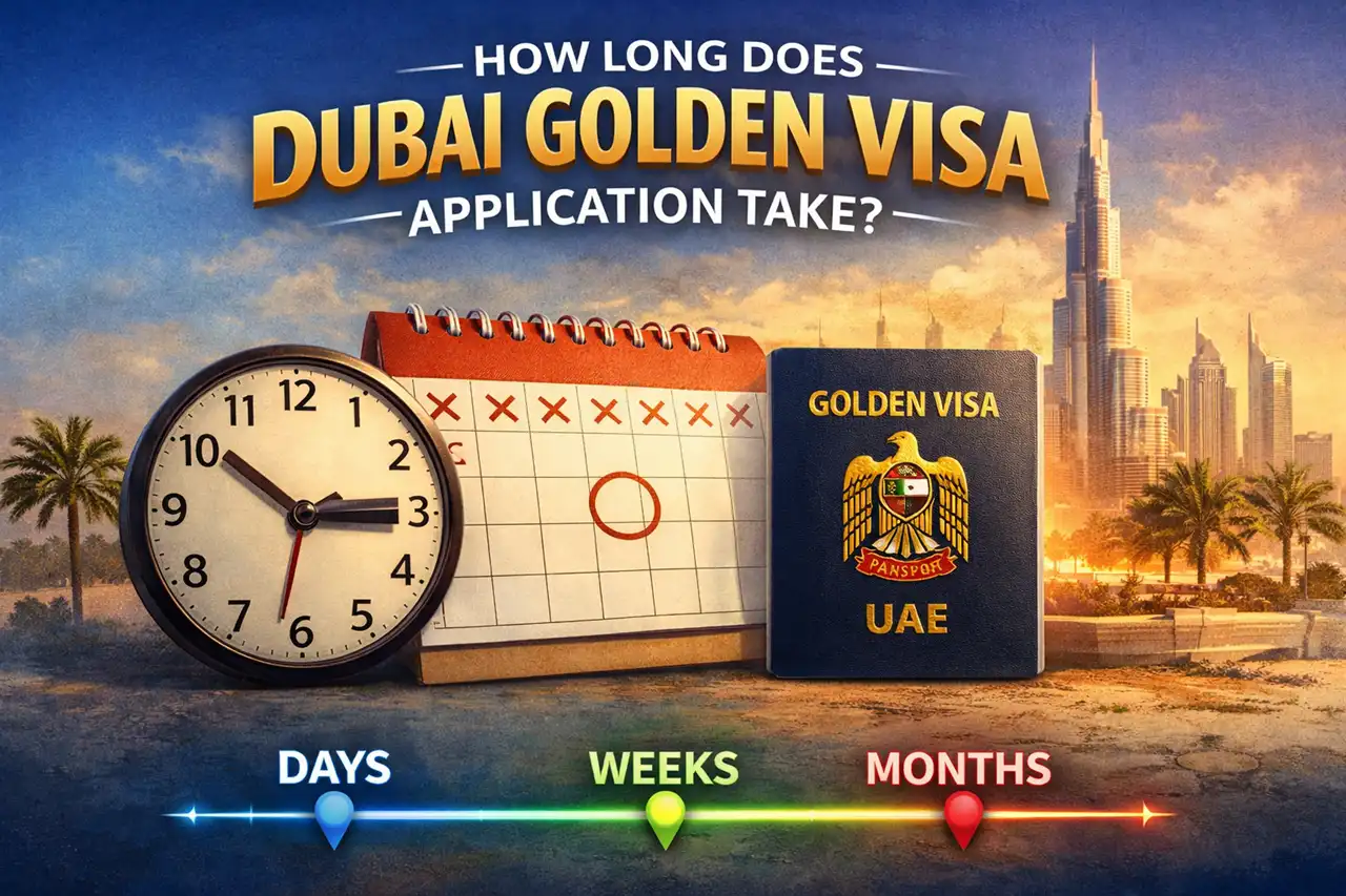 How long Dubai Golden Visa application takes showing processing time from days to weeks to months with calendar clock and Burj Khalifa skyline Presented by Tohid Fetrat