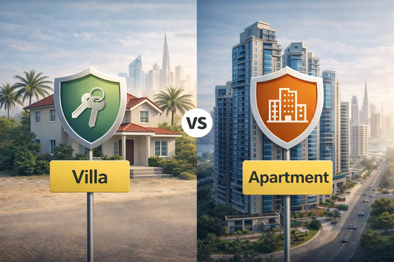 How property insurance differs for apartments and villas in Dubai comparison showing villa home protection versus apartment building coverage concept Presented by Tohid Fetrat