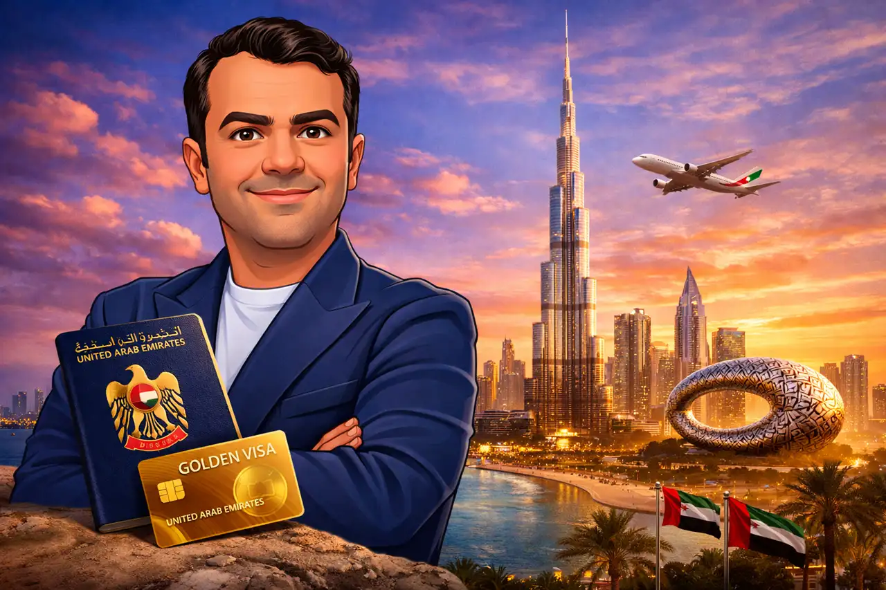 How to apply for Dubai Golden Visa featuring passport Golden Visa card Burj Khalifa skyline and Dubai landmarks Presented by Tohid Fetrat