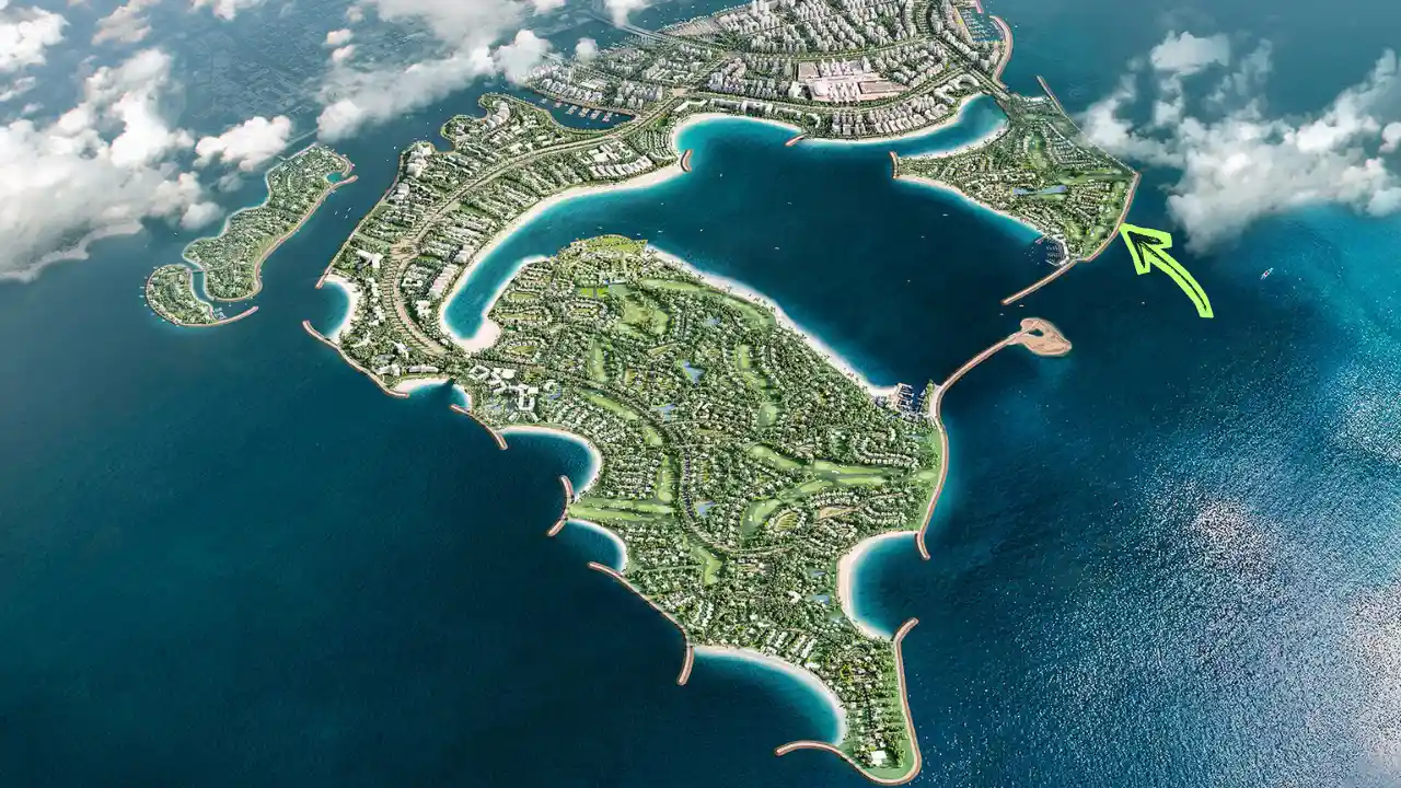 Island D at Dubai Islands aerial masterplan island layout surrounded by the Gulf in Dubai presented by Tohid Fetrat