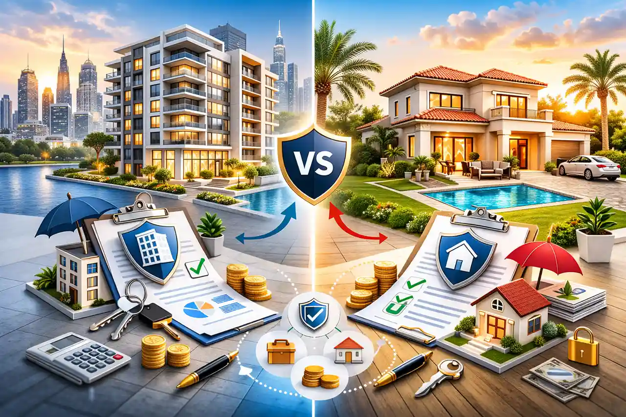 Landlord insurance in Dubai for apartments vs villas showing property comparison coverage financial elements and protection features Presented by Tohid Fetrat
