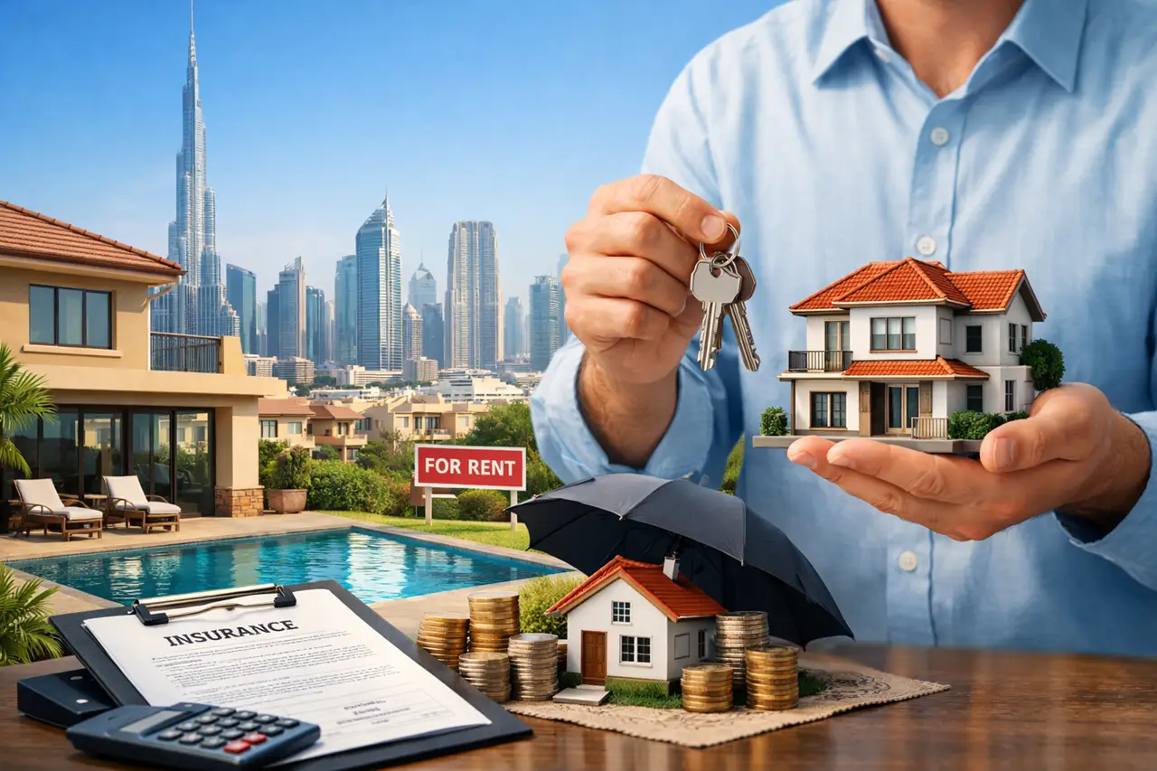 Landlord insurance in Dubai showing rental property protection villa keys insurance documents and financial security elements Presented by Tohid Fetrat