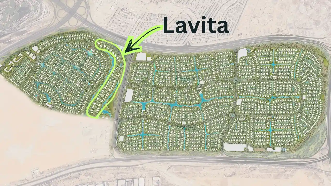 Lavita at The Oasis masterplan map showing the community location, surrounding road network and highlighted Lavita position in Dubai Presented by Tohid Fetrat