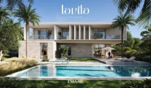 Lavita at The Oasis by Emaar 6 bedroom mansion with private backyard pool, shaded outdoor lounge, landscaped garden and modern rear facade in Dubai Presented by Tohid Fetrat