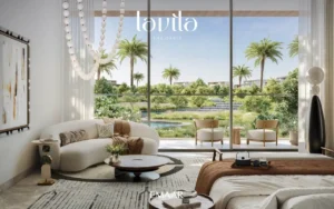 Lavita at The Oasis by Emaar 6 bedroom mansion with luxury bedroom interior, floor to ceiling windows, garden view and elegant lounge seating in Dubai Presented by Tohid Fetrat