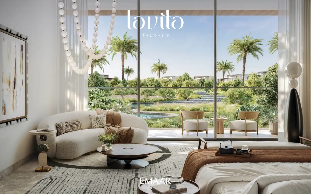 Lavita at The Oasis by Emaar 6 bedroom mansion with luxury bedroom interior, floor to ceiling windows, garden view and elegant lounge seating in Dubai Presented by Tohid Fetrat