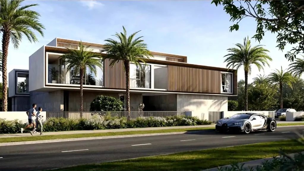 Lavita at The Oasis by Emaar 6 bedroom mansion with striking corner exterior, full height glass, palm lined streetscape and contemporary facade in Dubai Presented by Tohid Fetrat