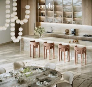 Lavita at The Oasis by Emaar 6 bedroom mansion with designer kitchen, marble island, bar seating, warm wood cabinetry and luxury dining setup in Dubai Presented by Tohid Fetrat