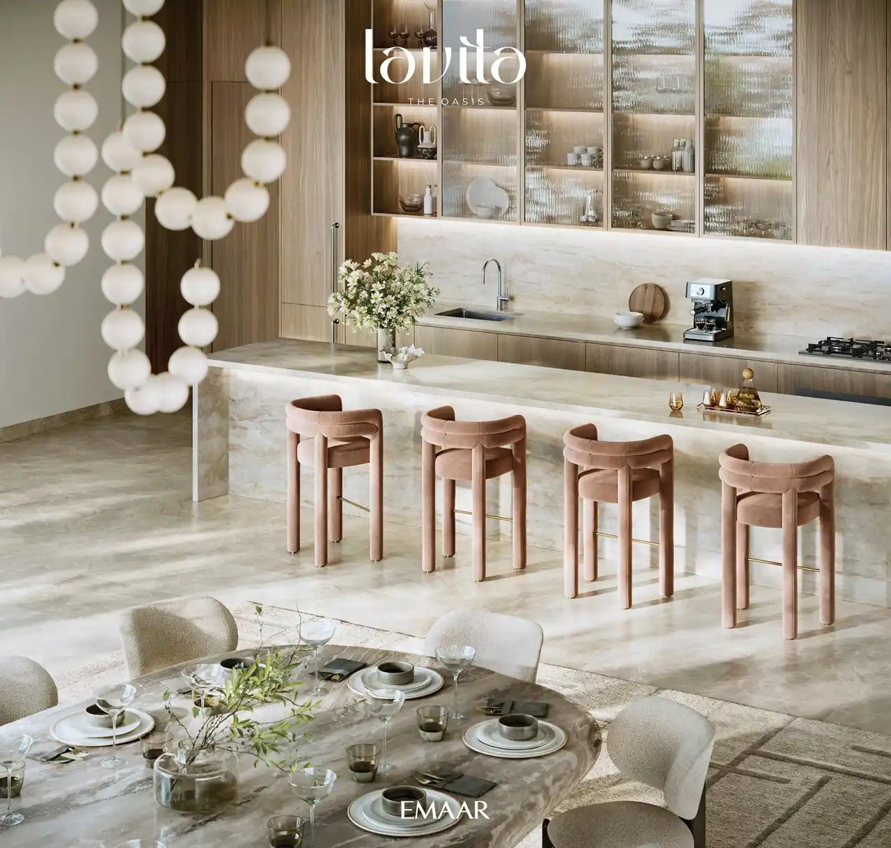 Lavita at The Oasis by Emaar 6 bedroom mansion with designer kitchen, marble island, bar seating, warm wood cabinetry and luxury dining setup in Dubai Presented by Tohid Fetrat