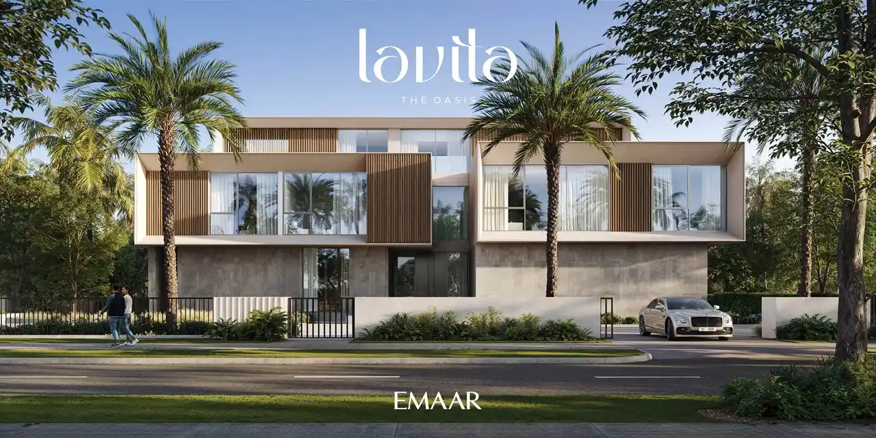 Lavita at The Oasis by Emaar 6 bedroom mansion with elegant front exterior, symmetrical facade, floor to ceiling windows and palm lined frontage in Dubai Presented by Tohid Fetrat