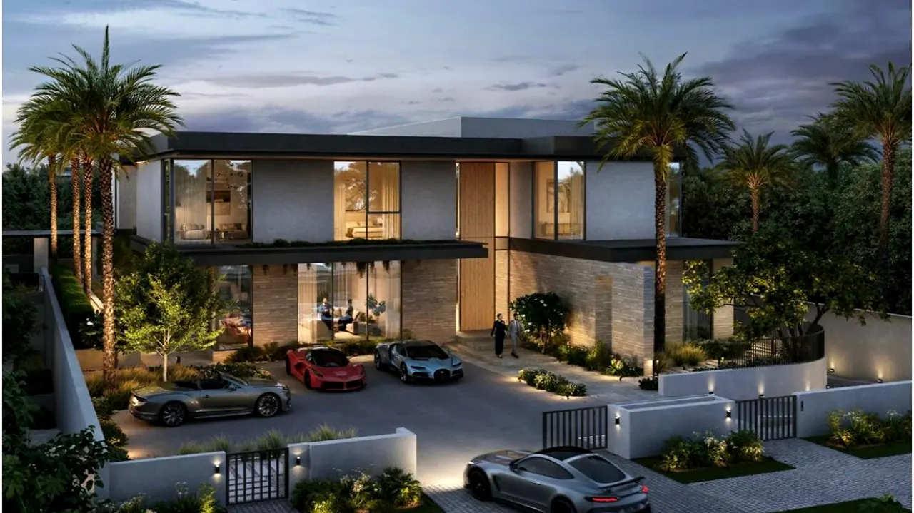 Lavita at The Oasis by Emaar 6 bedroom mansion with illuminated evening exterior, luxury driveway, floor to ceiling windows and landscaped garden in Dubai Presented by Tohid Fetrat