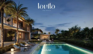 Lavita at The Oasis by Emaar 6 bedroom mansion with illuminated evening pool, outdoor lounge, landscaped garden and luxury backyard ambiance in Dubai Presented by Tohid Fetrat