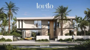 Lavita at The Oasis by Emaar 6 bedroom mansion with elegant front facade, private driveway, floor to ceiling windows and palm lined surroundings in Dubai Presented by Tohid Fetrat