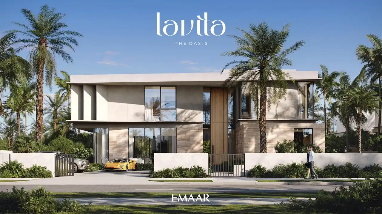 Lavita at The Oasis by Emaar 6 bedroom mansion with elegant front facade, private driveway, floor to ceiling windows and palm lined surroundings in Dubai Presented by Tohid Fetrat