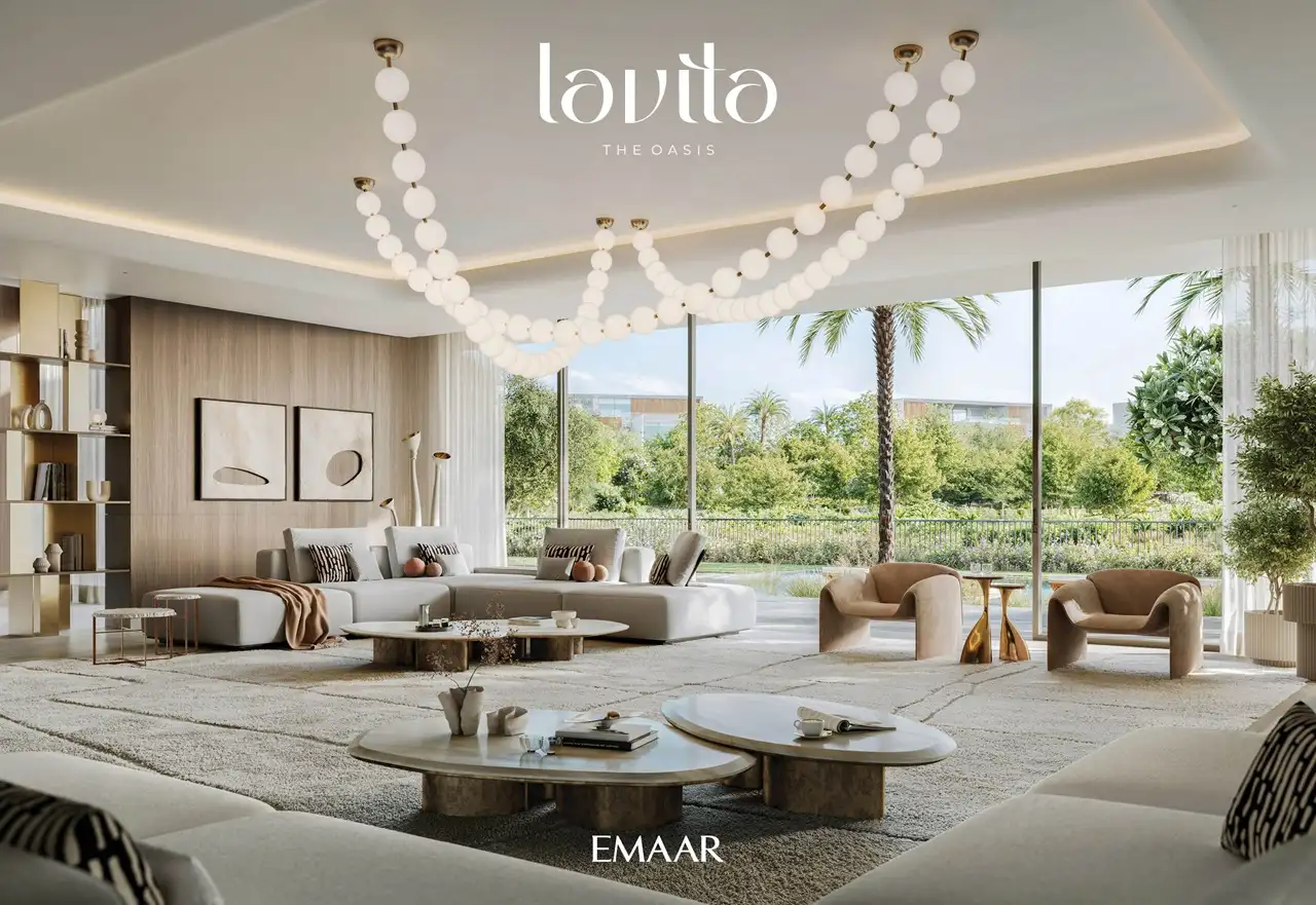 Lavita at The Oasis by Emaar 6 bedroom mansion with grand lounge interior, panoramic garden views, designer chandelier lighting and luxury seating in Dubai Presented by Tohid Fetrat