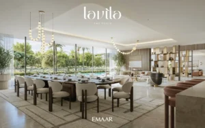 Lavita at The Oasis by Emaar 6 bedroom mansion with open plan living and dining area, floor to ceiling windows, designer lighting and garden views in Dubai Presented by Tohid Fetrat