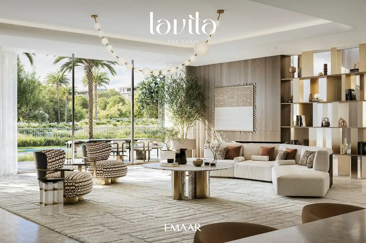 Lavita at The Oasis by Emaar 6 bedroom mansion with luxury living room, designer lighting, floor to ceiling windows and garden facing lounge in Dubai Presented by Tohid Fetrat