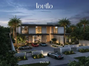 Lavita at The Oasis by Emaar 6 bedroom mansion with luxury night exterior, illuminated facade, spacious driveway and landscaped entrance in Dubai Presented by Tohid Fetrat