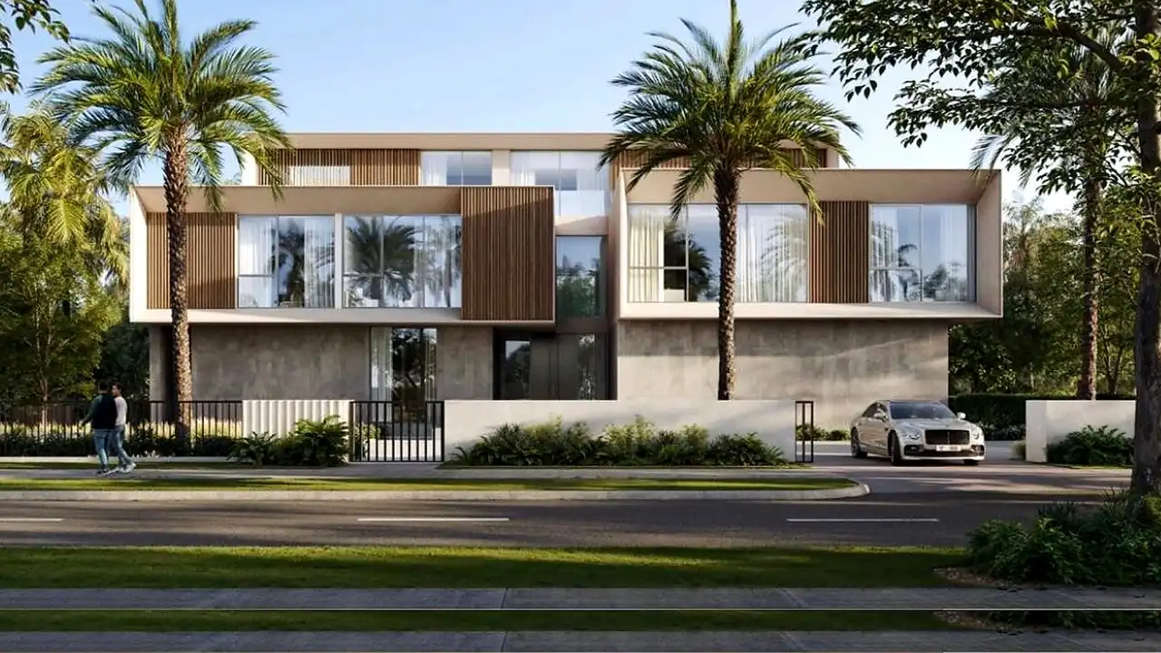 Lavita at The Oasis by Emaar 6 bedroom mansion with modern exterior design, floor to ceiling windows, palm lined frontage and private driveway in Dubai Presented by Tohid Fetrat