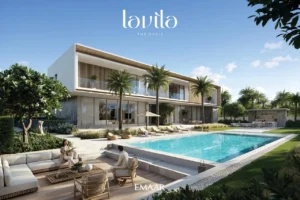 Lavita at The Oasis by Emaar 6 bedroom mansion with private pool view, outdoor lounge, landscaped garden and modern waterfront style exterior in Dubai Presented by Tohid Fetrat