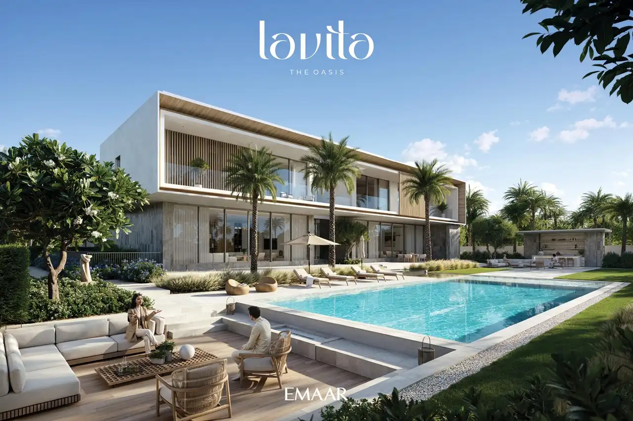 Lavita at The Oasis by Emaar 6 bedroom mansion with private pool view, outdoor lounge, landscaped garden and modern waterfront style exterior in Dubai Presented by Tohid Fetrat