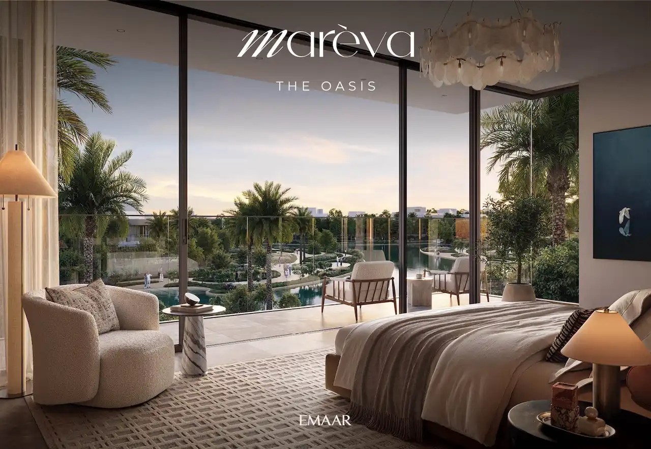 Mareva 2 at The Oasis by Emaar luxury bedroom interior with floor to ceiling windows and lagoon community view in Dubai Presented by Tohid Fetrat