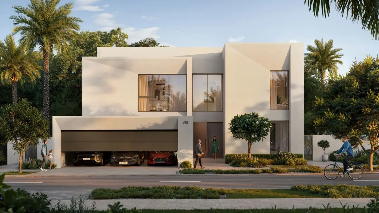 Mareva 2 at The Oasis by Emaar elegant villa exterior with modern geometry, private garage, and landscaped frontage in Dubai Presented by Tohid Fetrat