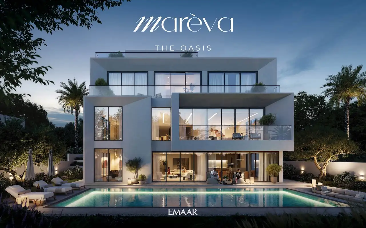 Mareva 2 at The Oasis by Emaar luxury villa with illuminated pool terrace and full height glass facade in Dubai Presented by Tohid Fetrat
