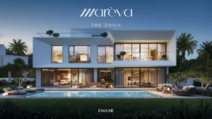 Mareva 2 at The Oasis by Emaar contemporary villa exterior with private pool and expansive glass facade in Dubai Presented by Tohid Fetrat