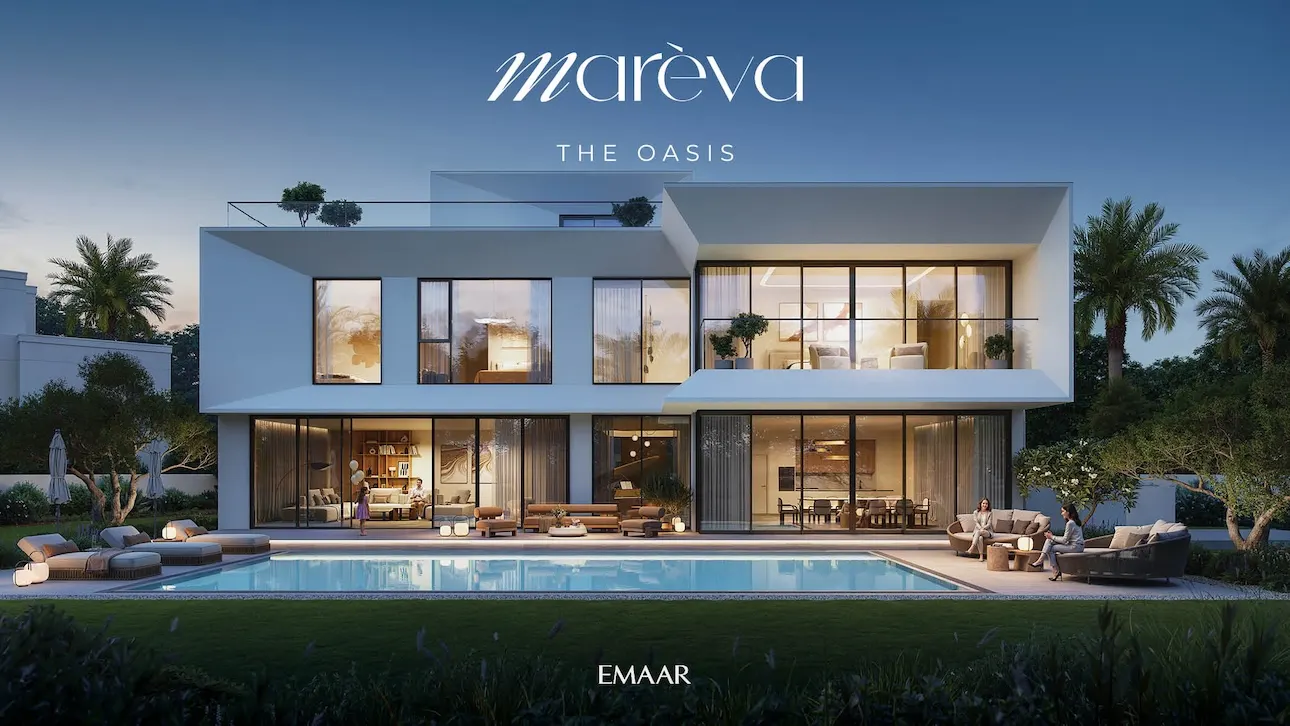 Mareva 2 at The Oasis by Emaar contemporary villa exterior with private pool and expansive glass facade in Dubai Presented by Tohid Fetrat
