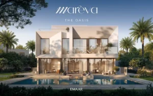 Mareva 2 at The Oasis by Emaar luxury villa exterior with private pool, terrace lounge, and expansive glass facade in Dubai Presented by Tohid Fetrat