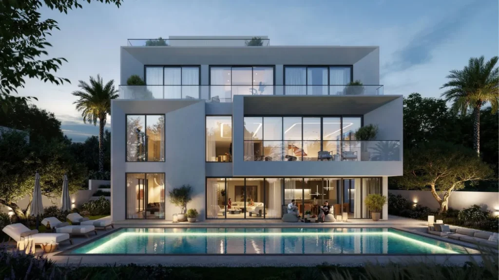 Mareva at The Oasis by Emaar modern villa at evening with private pool, glass facade, and illuminated interiors in Dubai - Presented by Tohid Fetrat