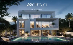 Mareva at The Oasis by Emaar modern villa at evening with illuminated interiors, private pool, and outdoor lounge area in Dubai - Presented by Tohid Fetrat