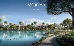 Mareva at The Oasis by Emaar lagoon view with waterfront villas, landscaped walkway, and family outdoor lifestyle in Dubai - Presented by Tohid Fetrat