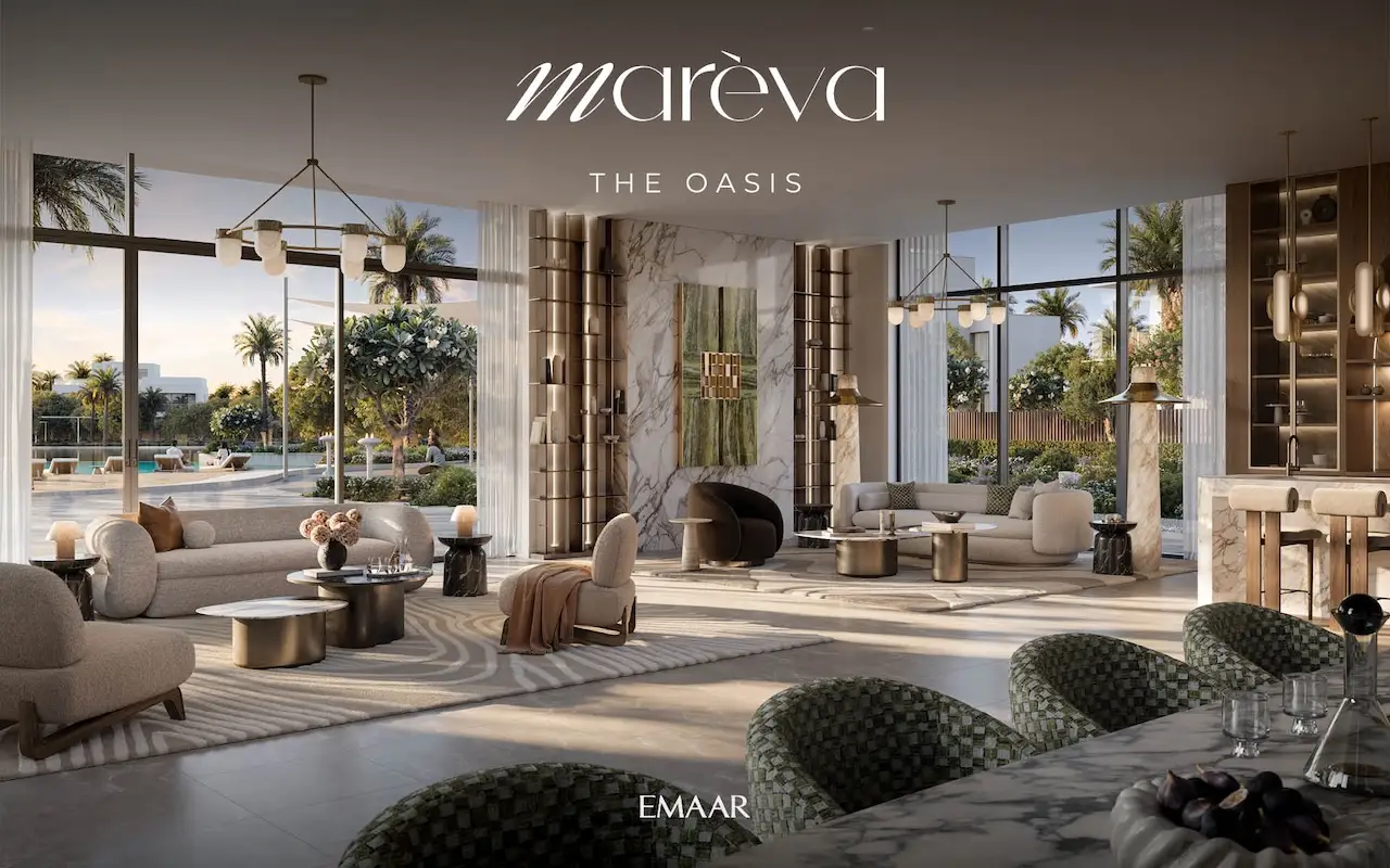 Mareva at The Oasis by Emaar luxury living room with floor to ceiling windows, elegant furniture, and garden views in Dubai - Presented by Tohid Fetrat