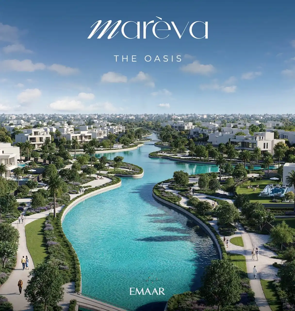 Mareva at The Oasis by Emaar masterplan view with winding lagoon, landscaped parks, and waterfront villas in Dubai - Presented by Tohid Fetrat