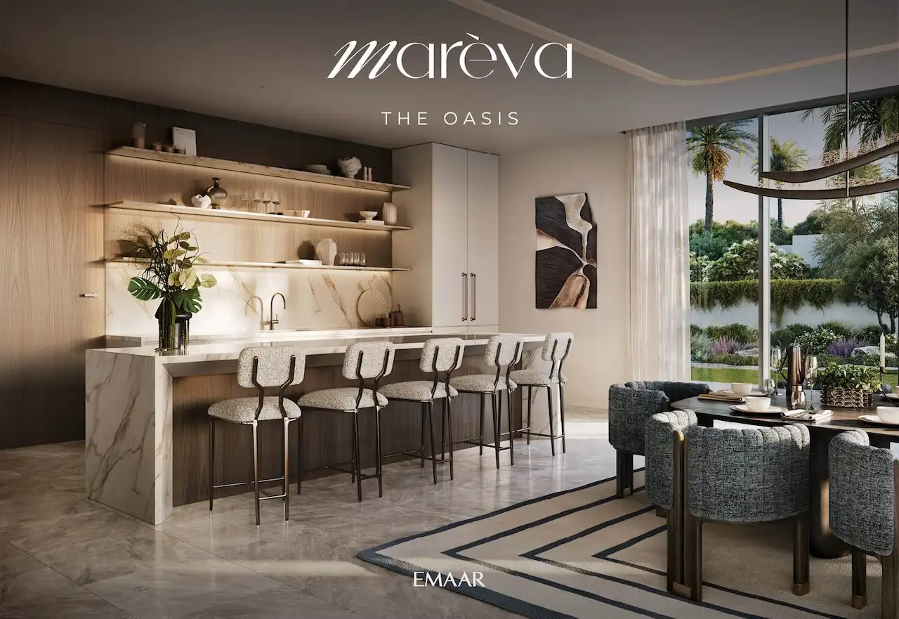 Mareva at The Oasis by Emaar modern kitchen and dining area with marble island, bar seating, and garden views in Dubai - Presented by Tohid Fetrat