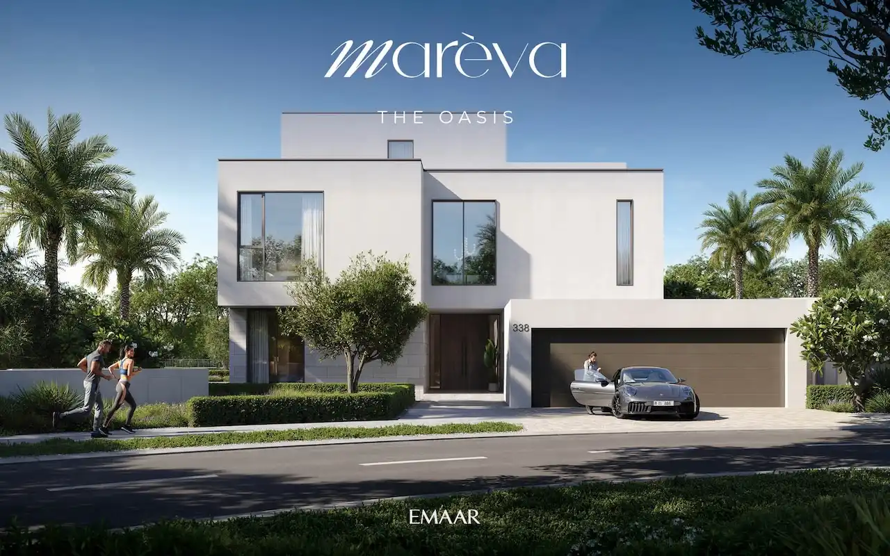 Mareva at The Oasis by Emaar minimalist modern villa with private garage, landscaped front garden, and clean architectural lines in Dubai - Presented by Tohid Fetrat