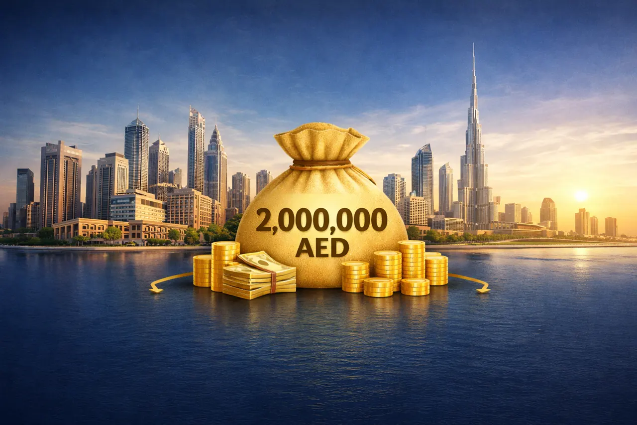 Minimum investment requirement for Dubai Golden Visa showing 2000000 AED with Burj Khalifa skyline and gold coins Presented by Tohid Fetrat