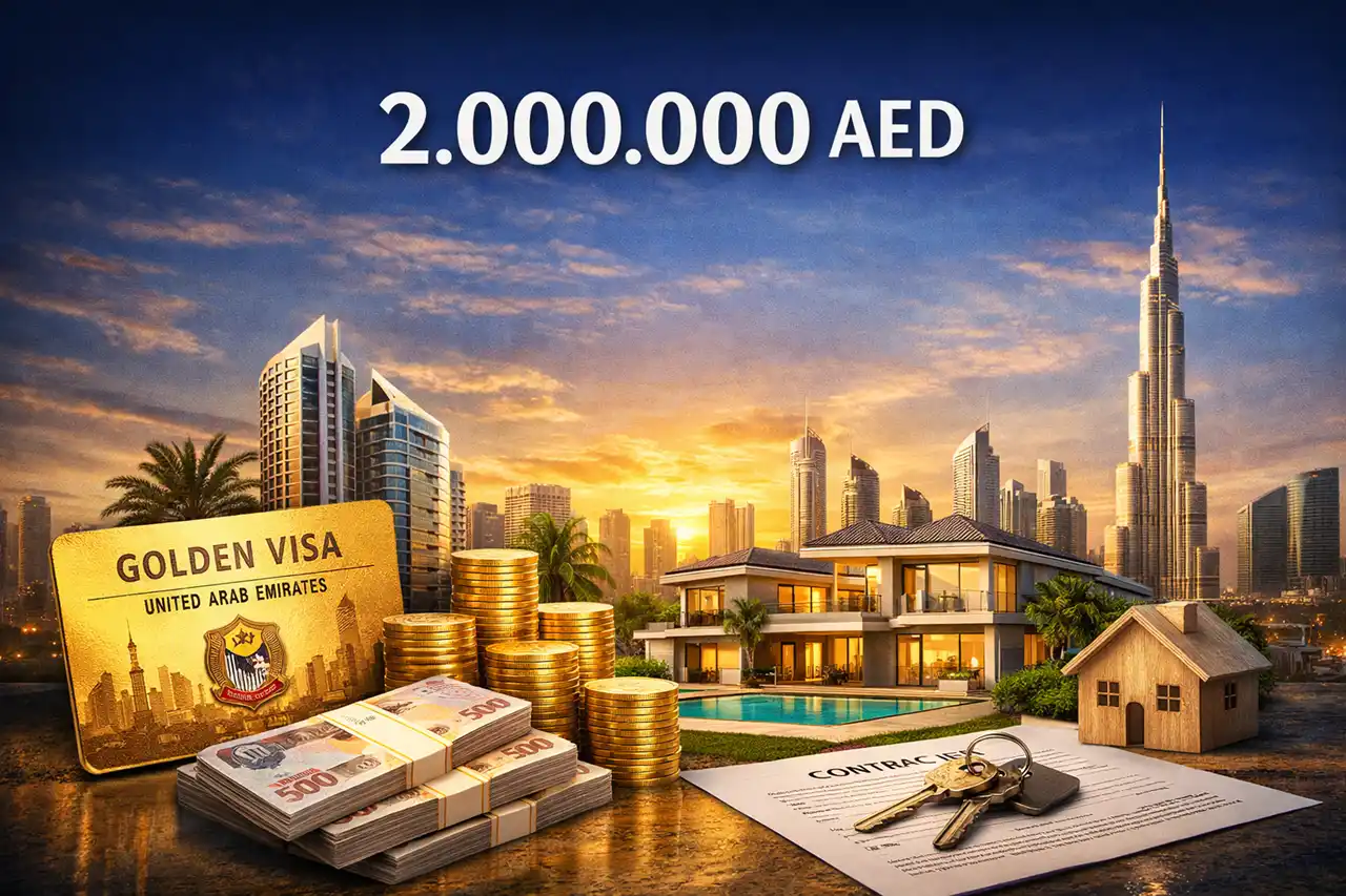 Minimum property investment for Golden Visa in Dubai showing 2000000 AED luxury villa contract keys and skyline Presented by Tohid Fetrat