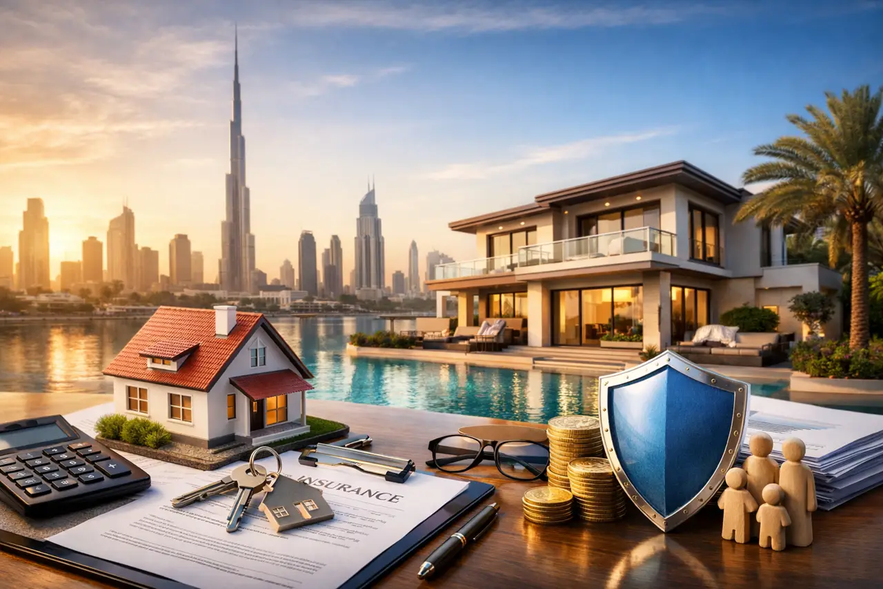 Mortgage property insurance in Dubai showing villa financial protection insurance documents keys and skyline view Presented by Tohid Fetrat