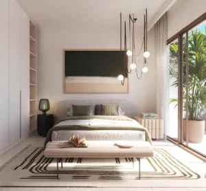 Nima at The Valley by Emaar modern bedroom interior with soft neutral tones natural light and elegant lighting design in Dubai - Presented by Tohid Fetrat