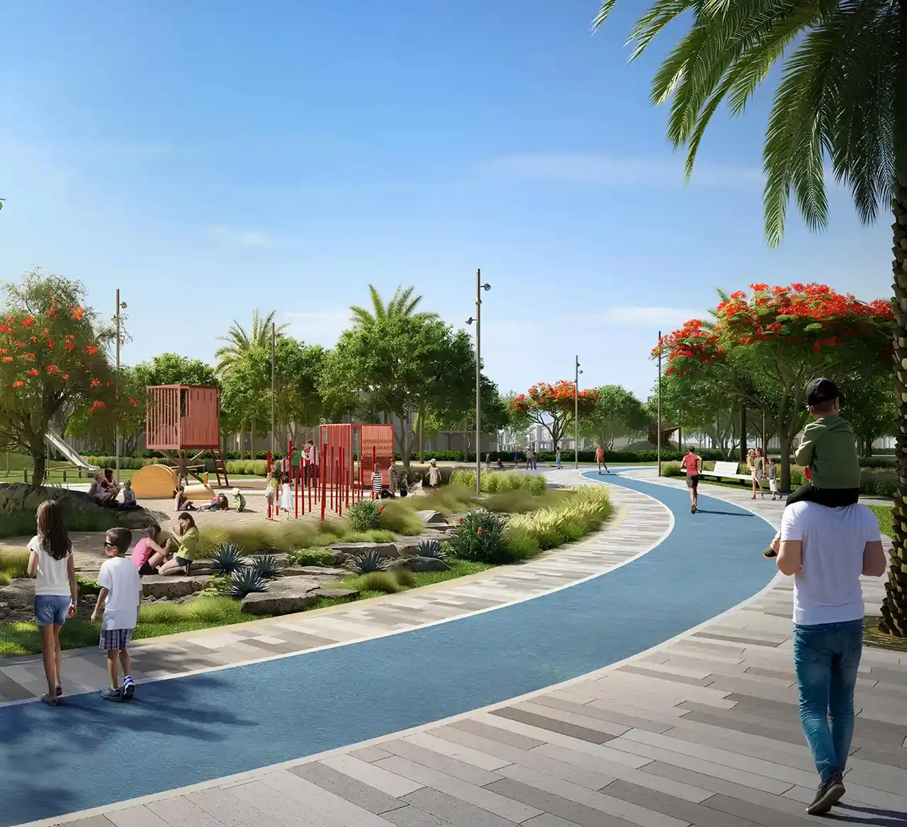 Nima at The Valley by Emaar landscaped community park with playground walking path and family outdoor spaces in Dubai - Presented by Tohid Fetrat