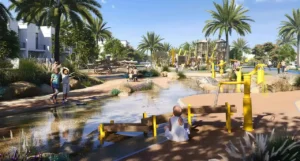 Nima at The Valley by Emaar community water play area with playground equipment landscaped park and family spaces in Dubai - Presented by Tohid Fetrat