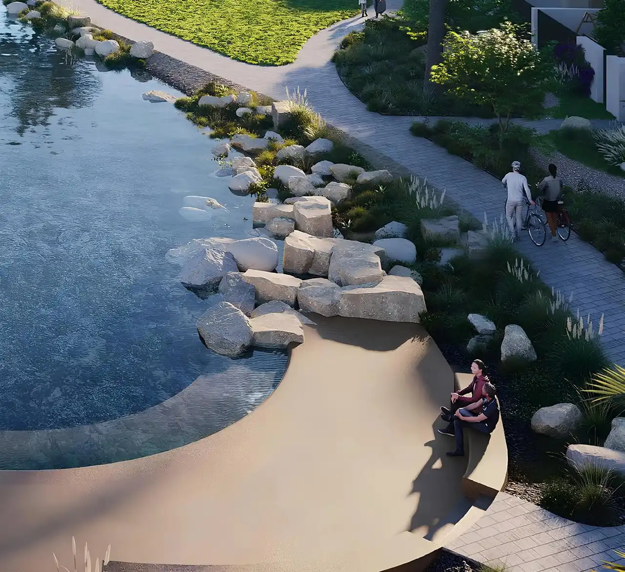 Nima at The Valley by Emaar lagoon edge seating area with stone landscape walking path and waterfront views in Dubai - Presented by Tohid Fetrat