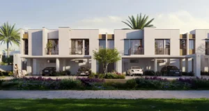 Nima at The Valley by Emaar modern townhouse facade with balconies covered parking and landscaped front gardens in Dubai - Presented by Tohid Fetrat